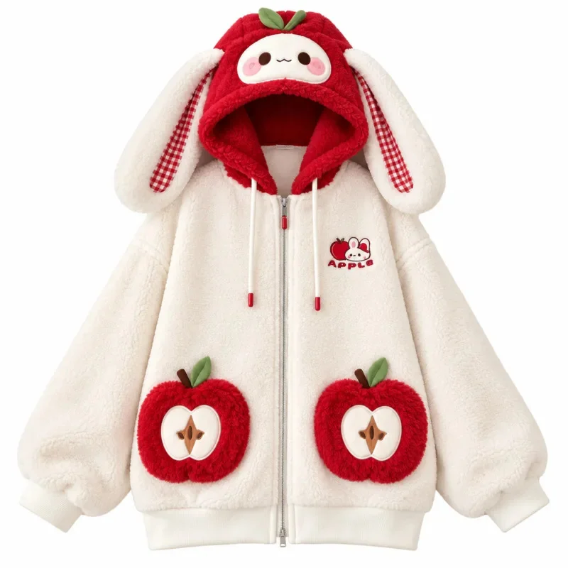 Christmas Apple Pattern Print Jacket Women Oversized Fleece Hooded Zipper Cardigan Thickened Warm Long Sleeve Casual Coat Gift