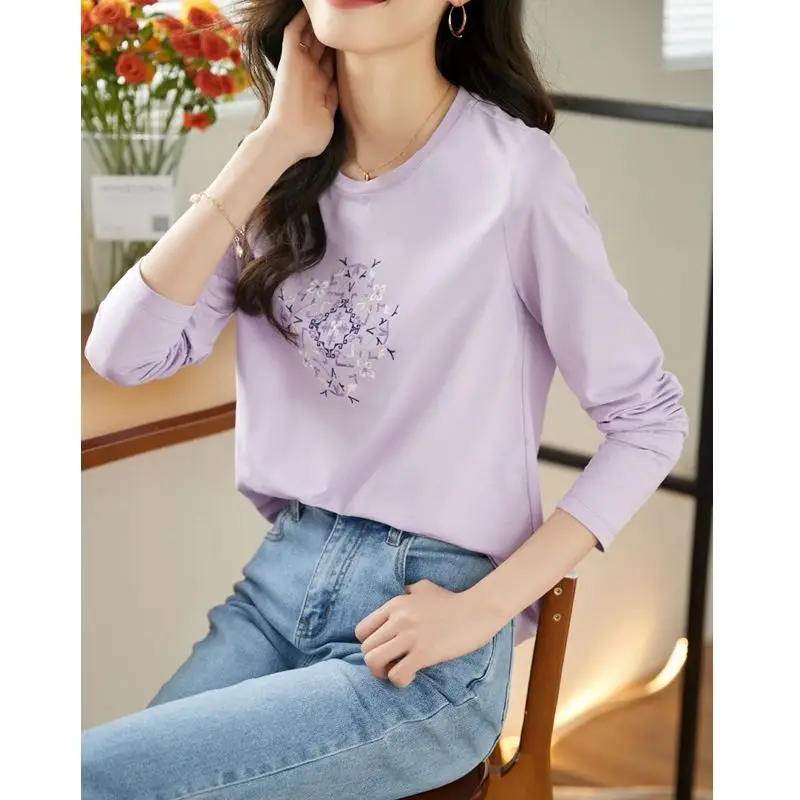 Spring Autumn New Fashion Round Neck Long Sleeve Embroidery Pure Cotton Bottoming Shirt Women\'s Clothing All-match Korean Tops