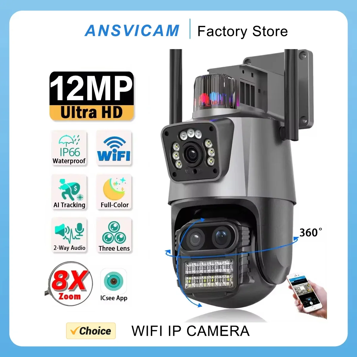 camera ip de seguranca externa sem fio rastreamento automatico wifi icsee smart lens zoom 8x vigilancia por video cctv 6k 12mp 01