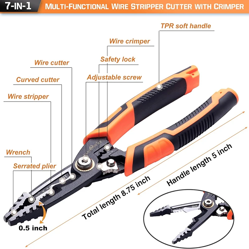 6 In 1 Multifunctional Electrician Pliers Wire Stripper Crimping Cutting Hand Tools 8 Inch Long Nose Pliers Multi Tool