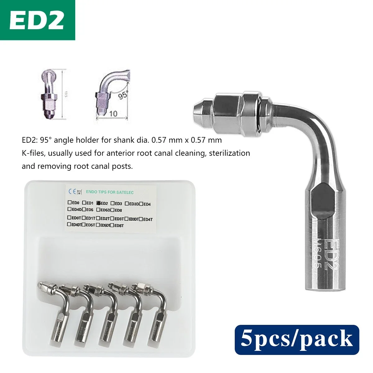 5PCS Dental Piezo Ultrasonic Scaler Endo File Holder Tip ED2 Fit NSK DTE SATELEC