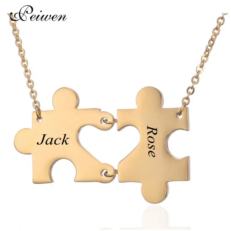 Personalized Couple's Puzzle Heart Pendants Necklaces Custom Names Necklace Lover's Stainless Steel Jewelry Gifts Drop Shipping