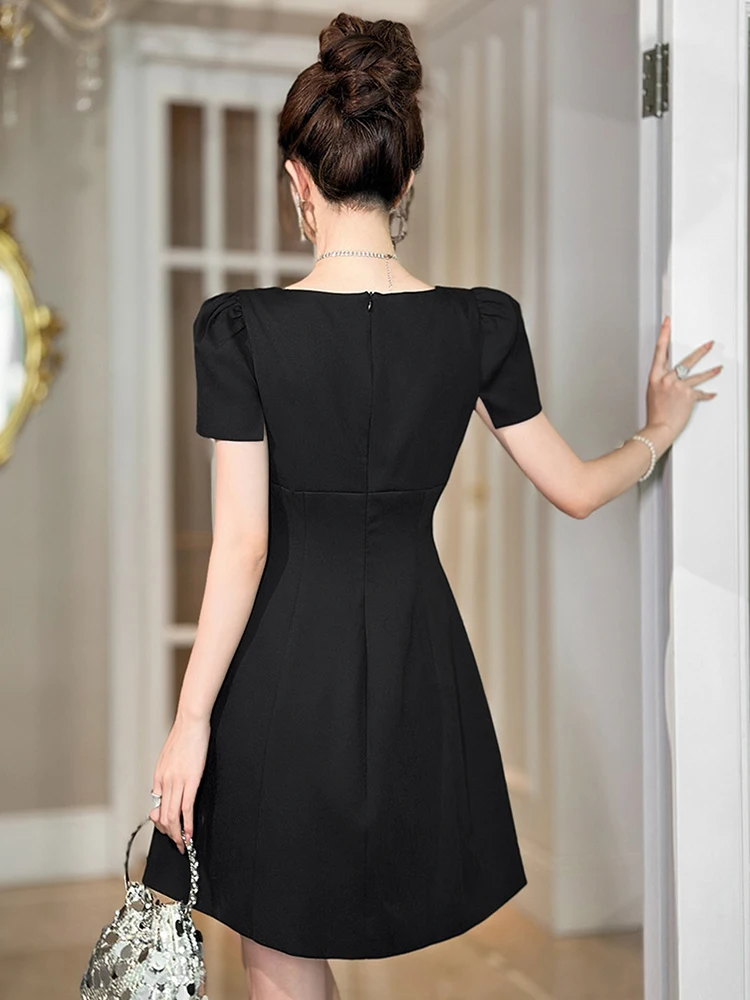 여성 블랙 스퀘어 넥 슬림 A라인 미니 숏 드레스 여름 라인스톤 스파클 파티 프롬 데이트 정장 캐주얼 드레스