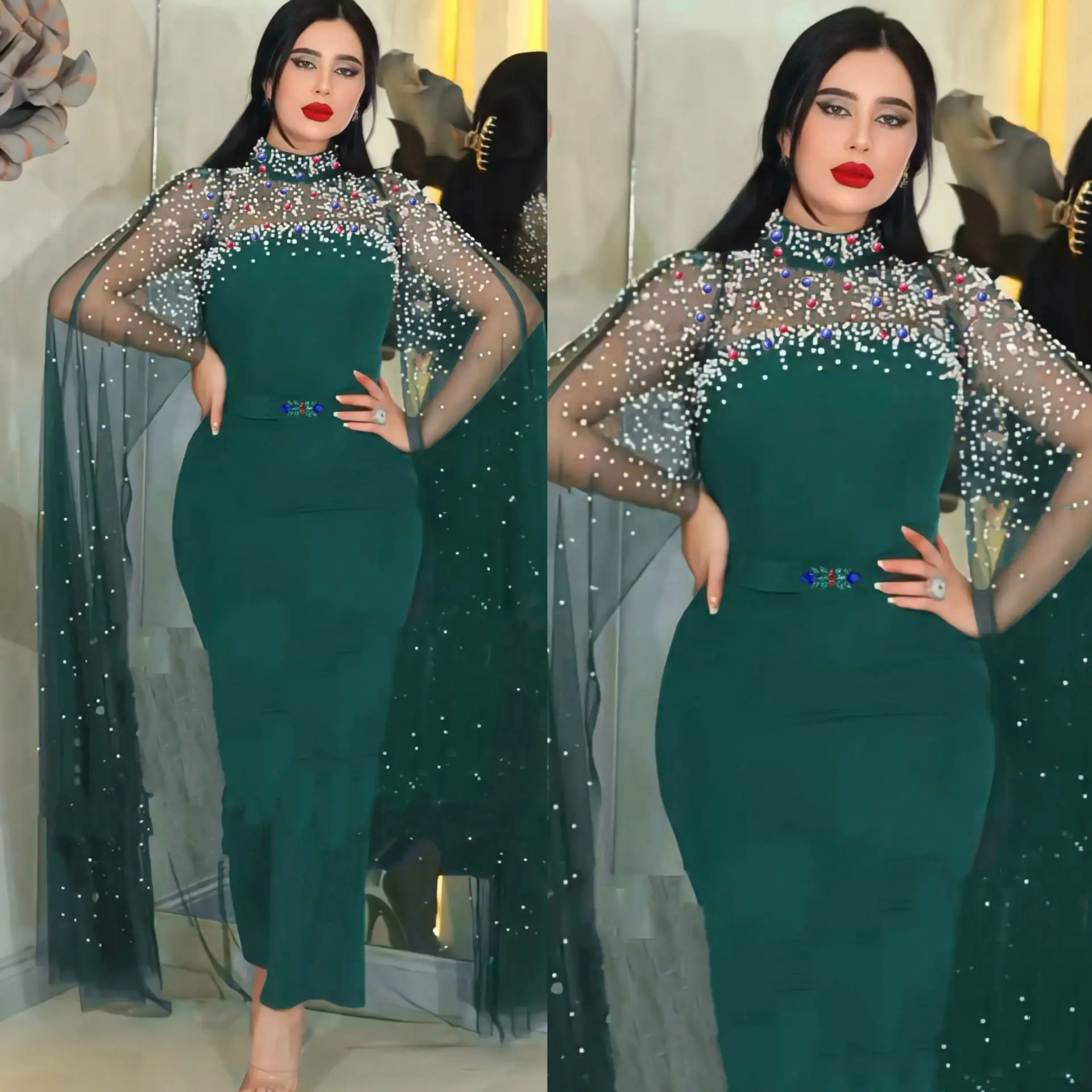 

New Saudi Dubai Mesh Beaded Evening Party Dresses for Women Muslim Abaya Turkey Kaftan Eid Djellaba Cape Cloak Wedding Gown Hot