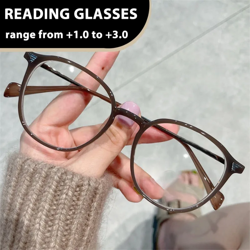 Ovale Anti-Blau-Presbyopie-Brille, Metall-Brillengestelle, verziert mit Reisnieten, bequemer Lesebrille
