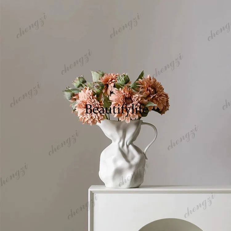 French crepe paper texture flower pot vase ceramic white large hydroponic vase decorative ornament creativity