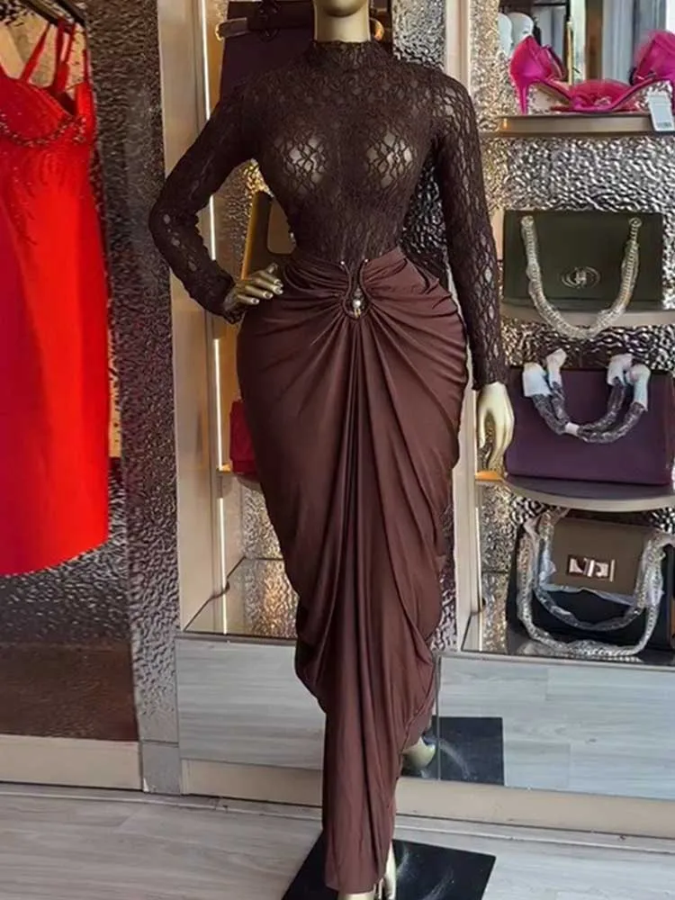 

Woman 2 Piece Skirt Set Female Clothing Brown Lace Top Long Sleeves Chic Pleated Long Skirt Sexy Outfit