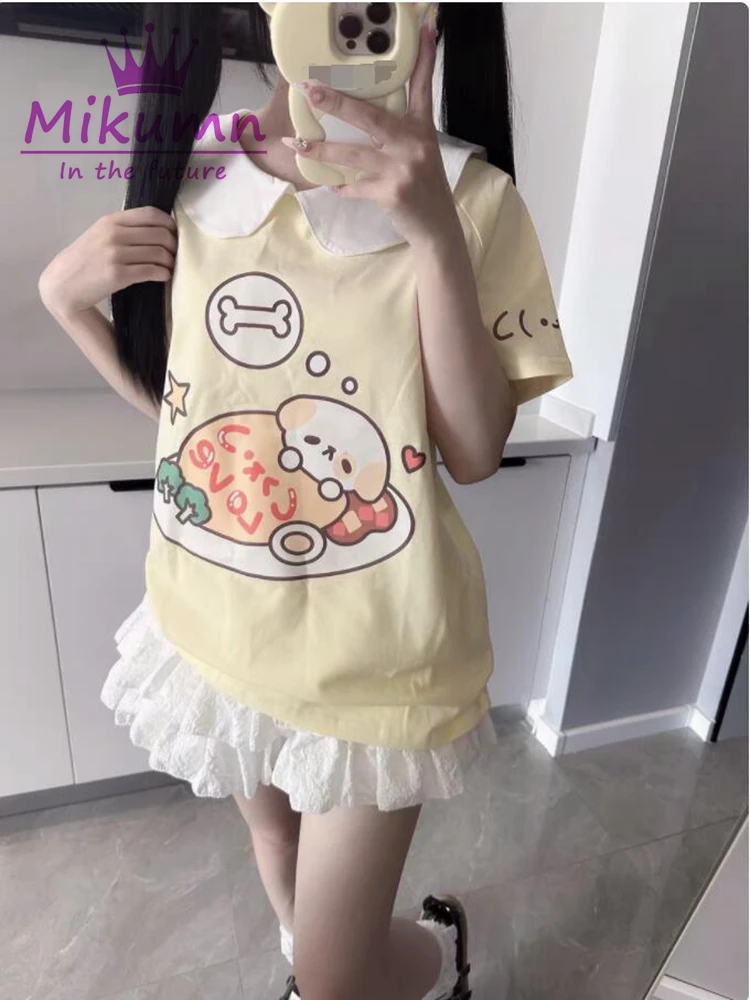 Mikumn giapponese Kawaii cane stampa t-shirt allentata donna Harajuku carino stile Preppy ragazze estate Casual manica corta Top Y2k Tees