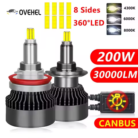 2PCS 30000LM 200W H7 H11 LED 360 Canbus 9012 HIR2 H9 H1 H8 D1S D2S D3S HB3 9005 HB4 9006 LED Car Headlight 4300K Fog Lamp 12V
