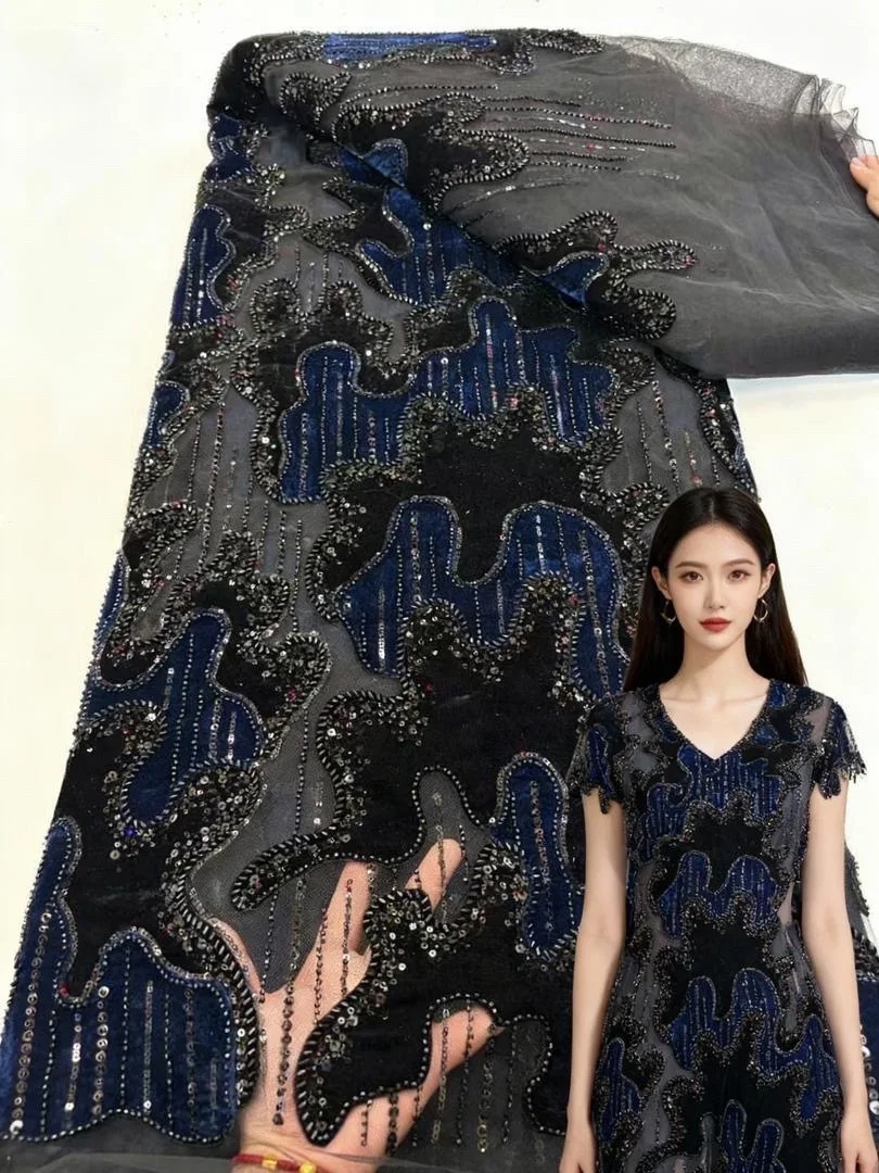 

Luxurious African Beaded Net Mesh Lace Fabric with 2025 Sequins French Velvet Fabric Women for Nigerian Wedding Party Dresses