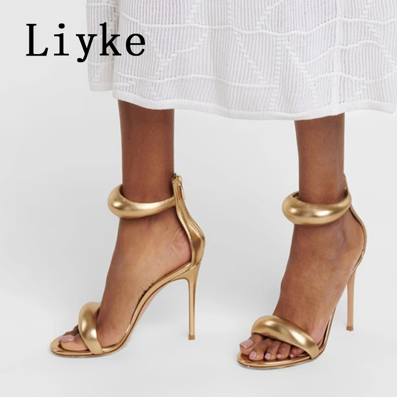 

Liyke 2026 New Gold Silver Open Toe Thin High Heels Wedding Banquet Shoes Sexy Zip Ankle Cover Strap Sandal Women Zapatos Mujer