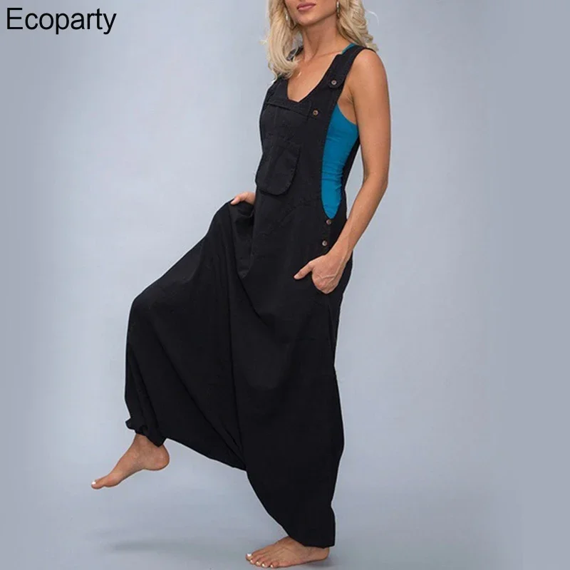 Womens summer Loose Jumpsuits Harem Pants Wide Leg Pants Sleeveless Pockets Bib Jumpsuit Siamese Trousers For Lady Large Size 35
