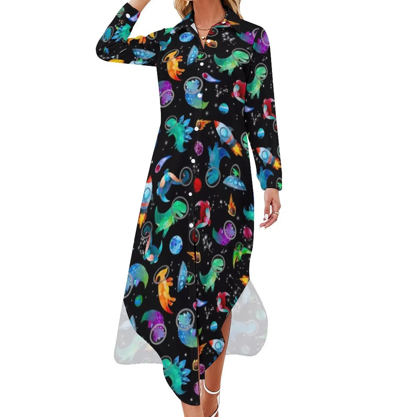 

Watercolor Space Dinosaurs Galaxy Pattern Long Sleeved Shirt Dress summer women's suit Dress for girls