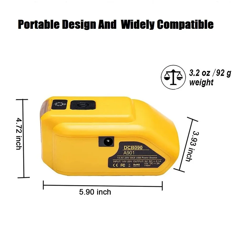 New DCB090 Power Source Converter Dual USB DC 12V Charger Lamp For Dewalt 20v Max 18V Battery Adapter Replacement LED Work Light