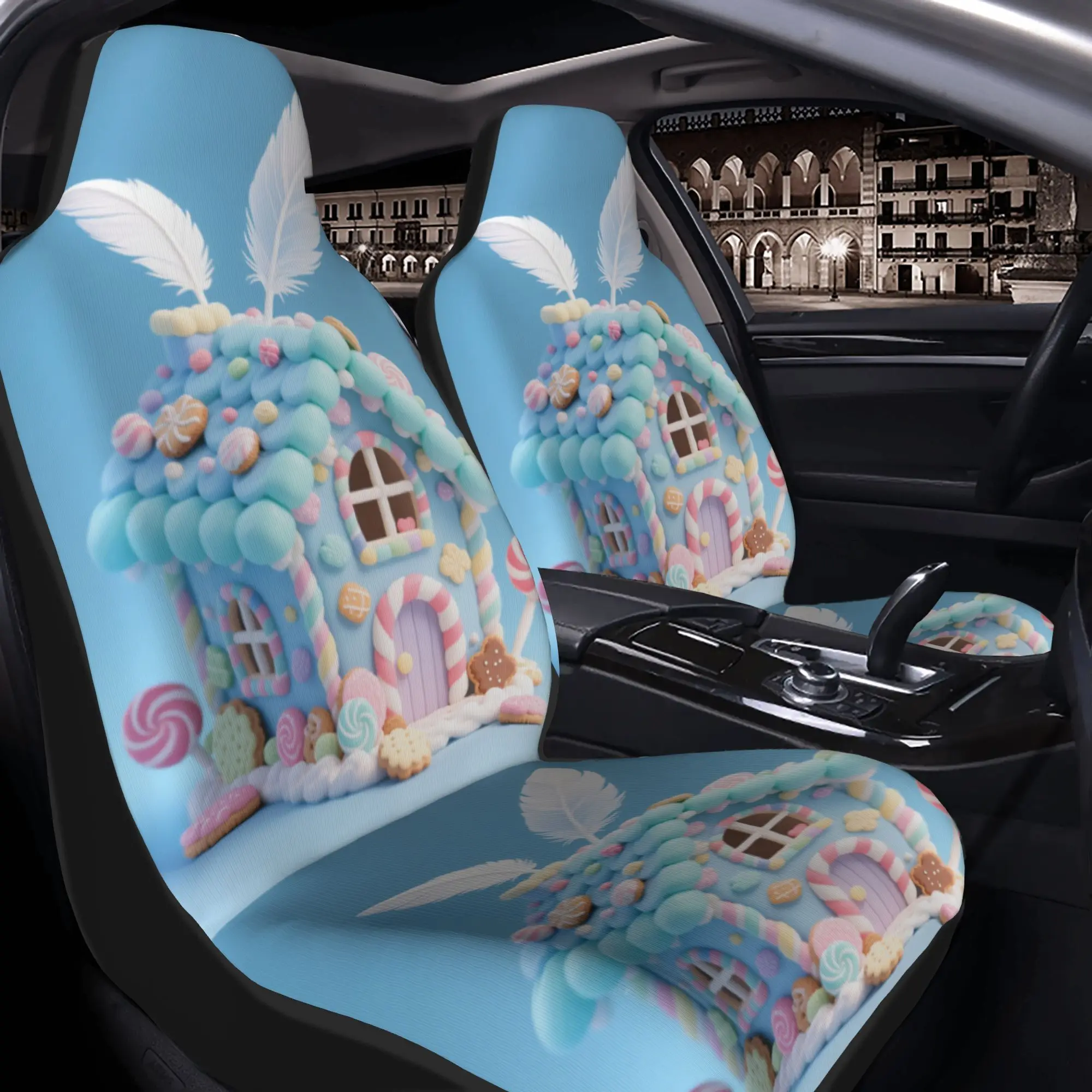 2pcs Candy House Blue Pastel Car Seat Covers - Whimsical Gingerbread House Design, Breathable Polyester Fabric, Non-Slip