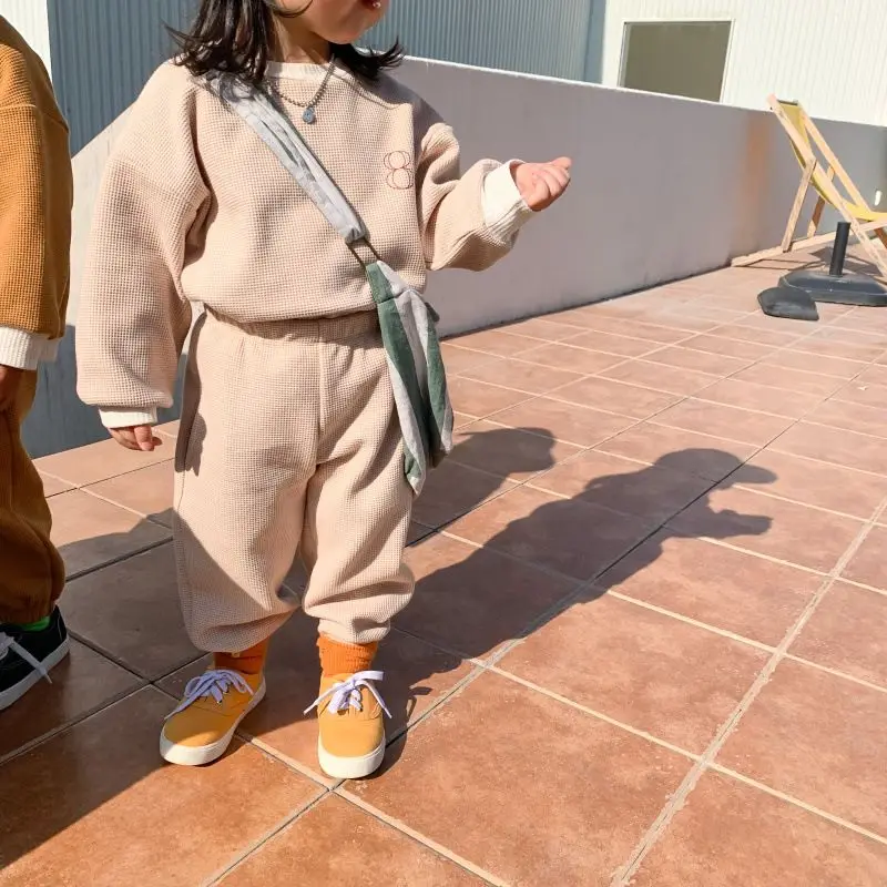 5028 Autumn Baby Clothes Set Kids Clothes Girls Boys 2 Pcs Suit Waffle Kids Sports Sweatshirt Solid Color Casual Two Piece Set 4