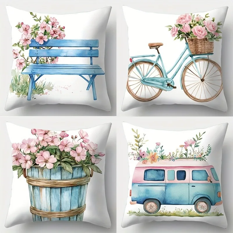 4pcs Floral Bicycle Barrel Pillow Covers, Pastel Blue Polyester, Zipper Closure, Soft Decorative for Living Room