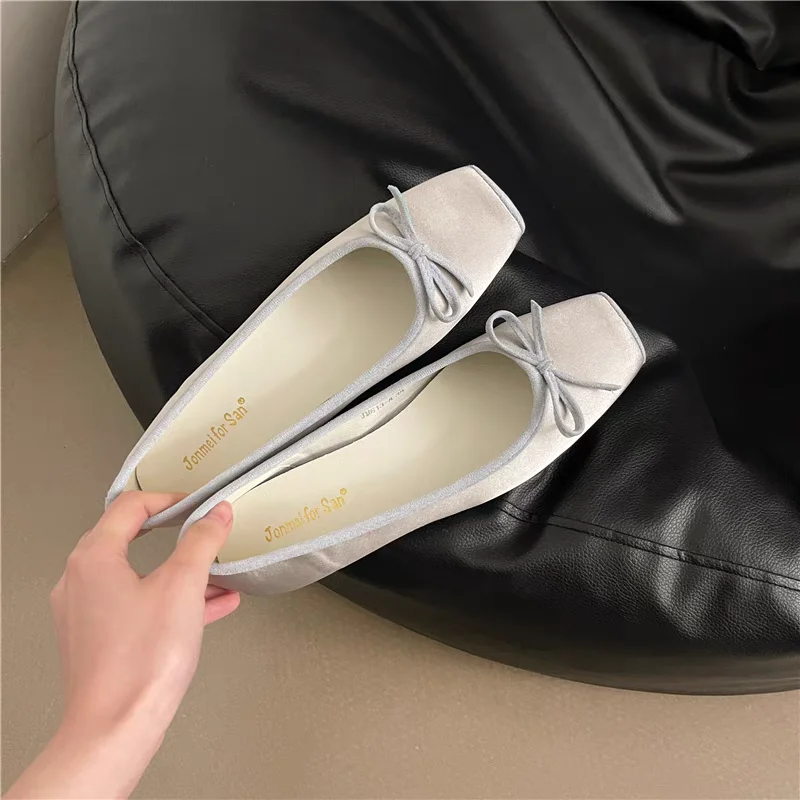 

Women's Flat Shoes Bow Square Toe Shallow Mouth Ballet Shoes Dress Soft Soles Spring Autumn French Elegant Zapatillas De Mujer