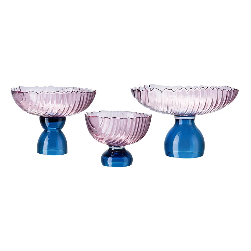 

CX modern simple pink and blue contrasting colors color vertical pattern high foot large diameter glass storage fruit plate