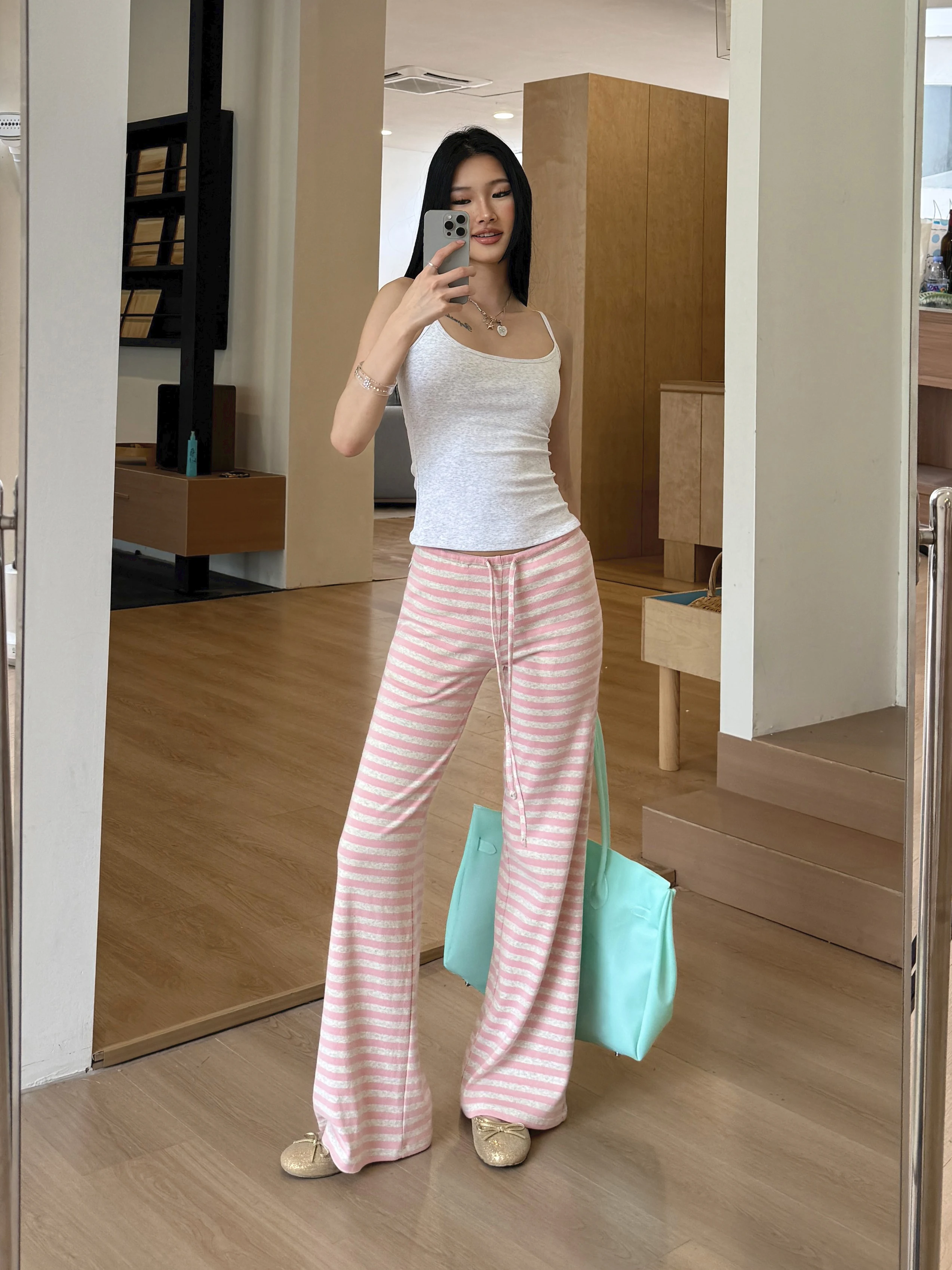 Audwyn Drawstring Stripe Casual Pants Drapey Loose Straight Leg Lazy Style Versatile Sweatpants Street Style Cotton Blend