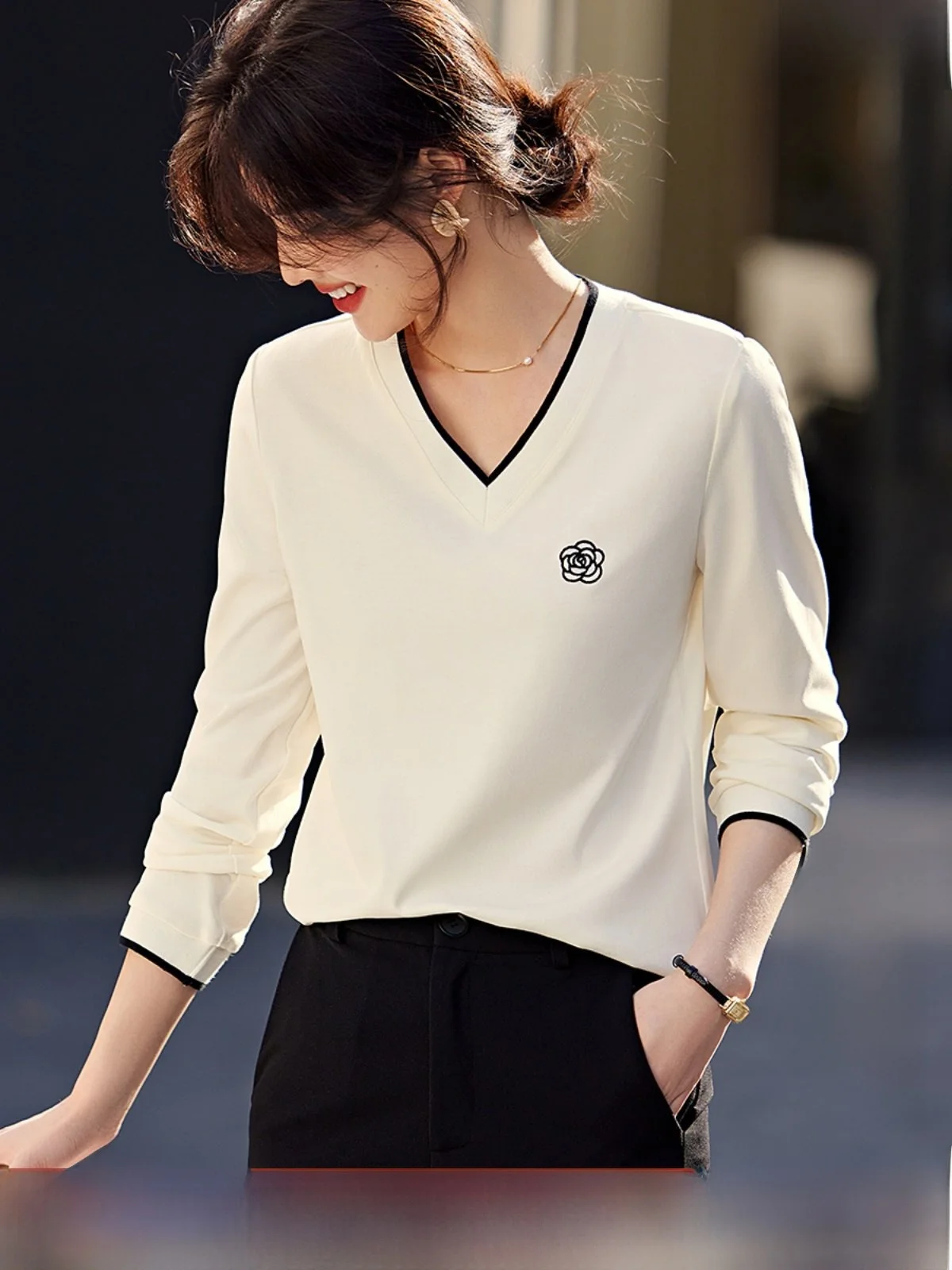 

Женская футболка Ele с вышивкой, базовая, в стиле колор-блок, с длинным рукавом, из смесового хлопка и полиэстера, новая весенняя коллекция, универсальный топ