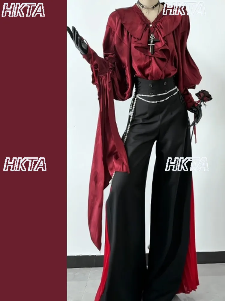 Gothic Dark Subculture Autumn Vintage Prince Shirt Top High Waist Contrasting Trousers Cosplay Halloween Two Pieces Sets Women