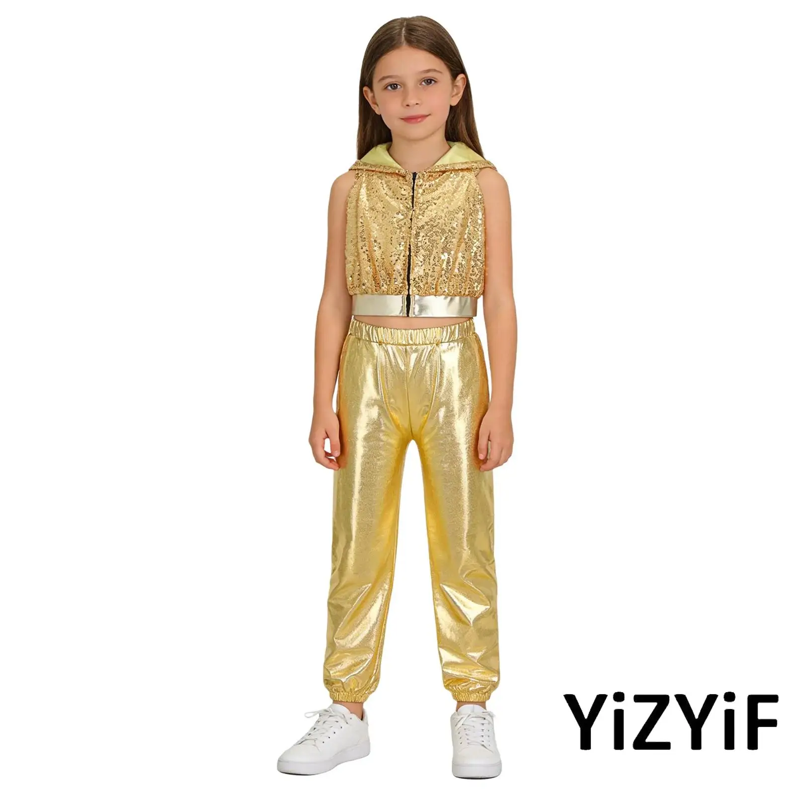 

Kids Girls Hip-Hop Jazz Dance Outfit Sleeveless Sparkling Sequins Hooded Crop Top with Metallic Pants Set for Disco Street Dance