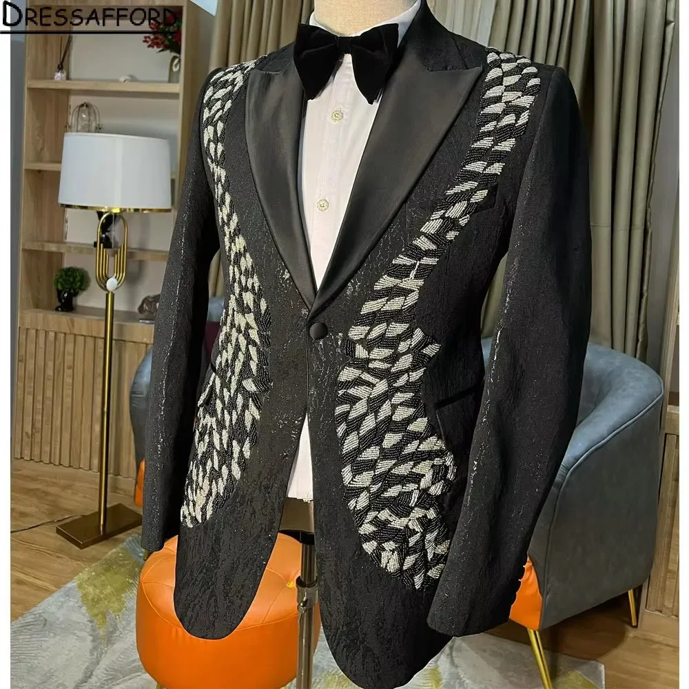 Black Handmade Beading Formal Men Suits 2 Piece Fashion Business Casual Wear Party Wedding Groom Tuxedo Jacket And Pants