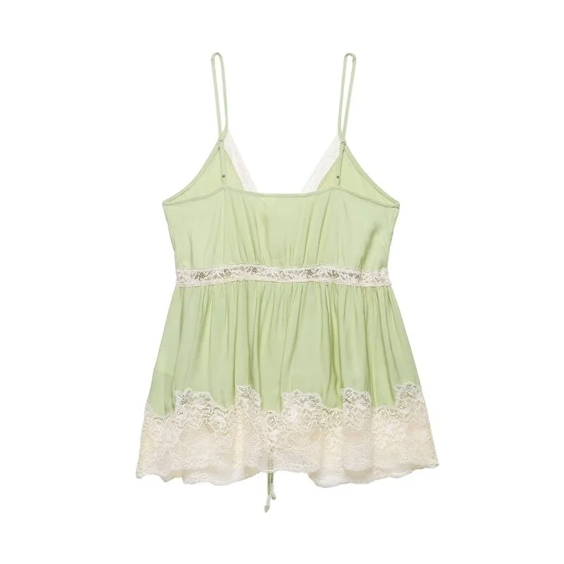 2026 Summer Fresh Green Lace Trim Cami Top Women Tie Front Spaghetti Strap Blouse Boho Beach Vacation Casual Outfit