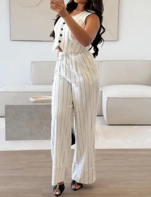 

Women's Pants Set Summer Tailored Classic Black and White Striped Patchwork Sleeveless Vest and High Waisted Wide Leg Pants Set