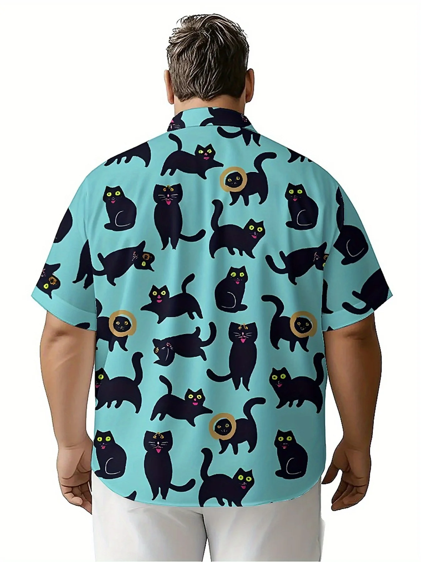 Men's Plus Size Hawaiian Shirts Black Cat Pattern, Summer Casual Tops, Outdoor and Party, Streetwear