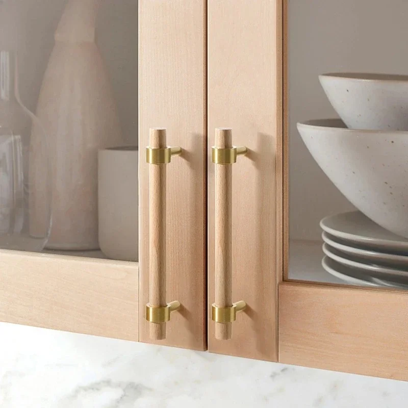 YM Luxury Pure Copper Kitchen Cabinet Knob Natural Walnut Beech Wooden Furniture Handle Wardrobe Cupboard Drawer Pulls
