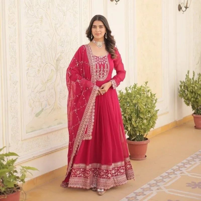 Pink Salwar Kameez  Round Neck Full Sleeves Faux Blooming Gown with Rich Sequins Embroidered Work