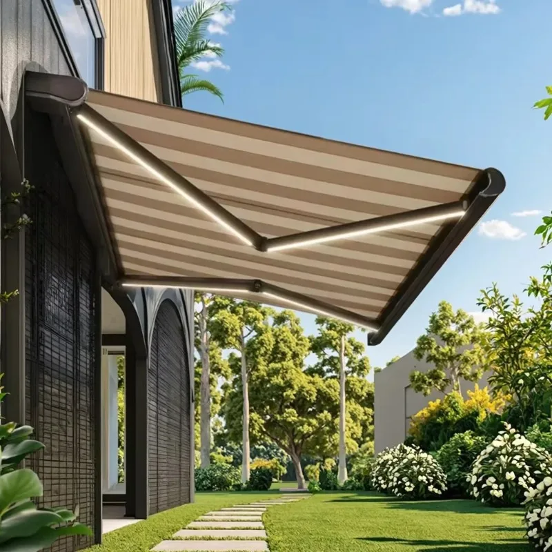 Smart Electric Retractable Patio Awning Full Cassette Aluminum Canopy with LED Lights  Waterproof Tarpaulin for Outdoor Sun Rain