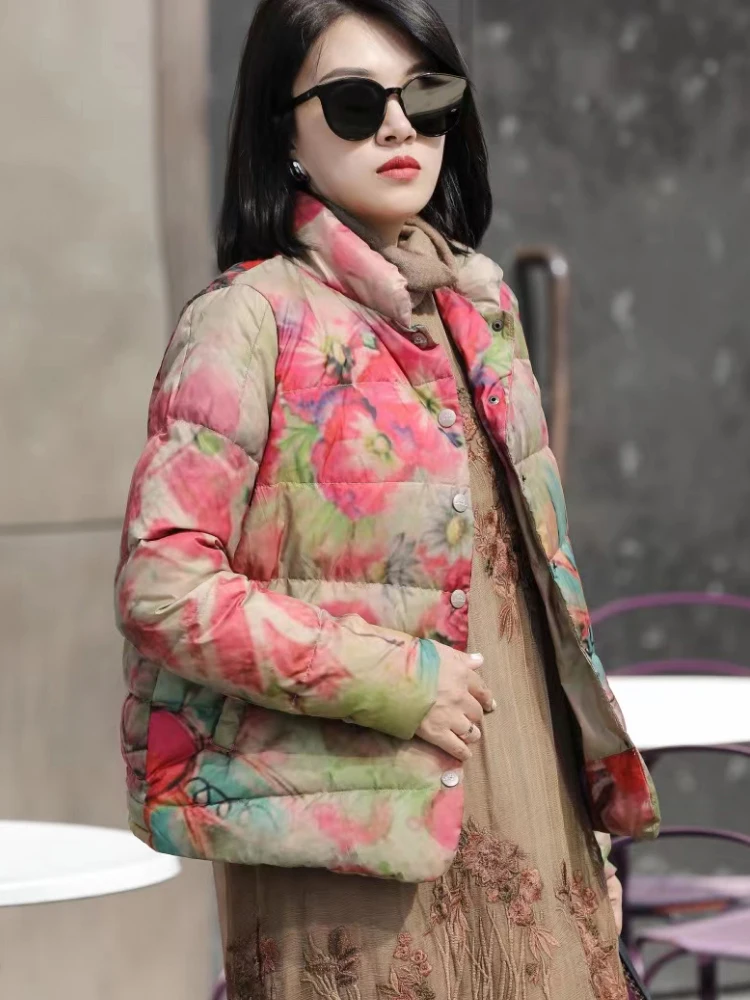 Female 2022 Warm Winter New in Loose Casual Printing Buttons Small Stand Neck Short Coats Goose Puffer Down Jacket Women