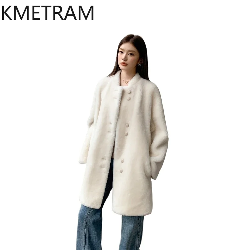 

KMETRAM Natural Merino Sheepskin with Wool Attached Coats Women Fashion Mid-Length Winter Real Fur Coat Woman Clothing 81cm 2026