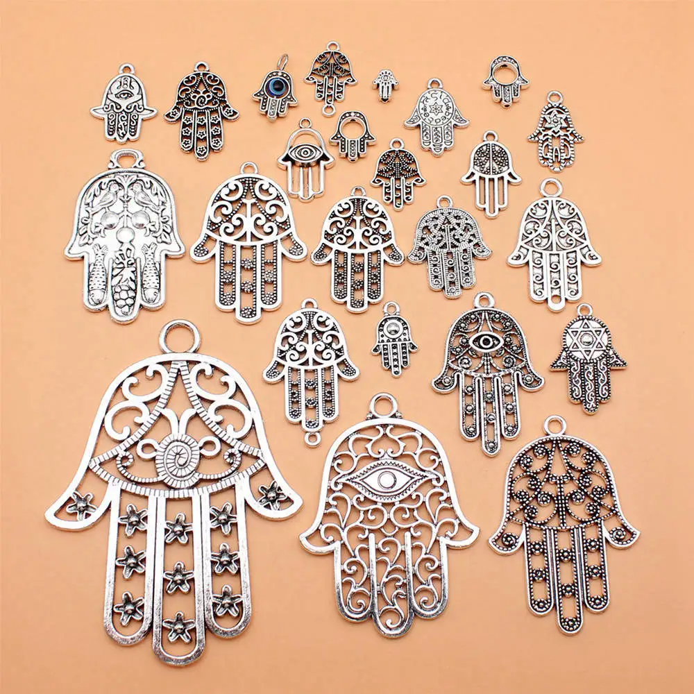 24pcs/lot Antique Silver Color Hamsa Hand Charms Collection For Jewelry Making Men Accessories