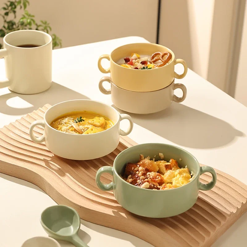 Ceramic Binaural Bowl Korean Style Solid Color Homehold Tableware Breakfast Fruit Salad Rice Soup Lunch Bowl Ramekin Kitchenware