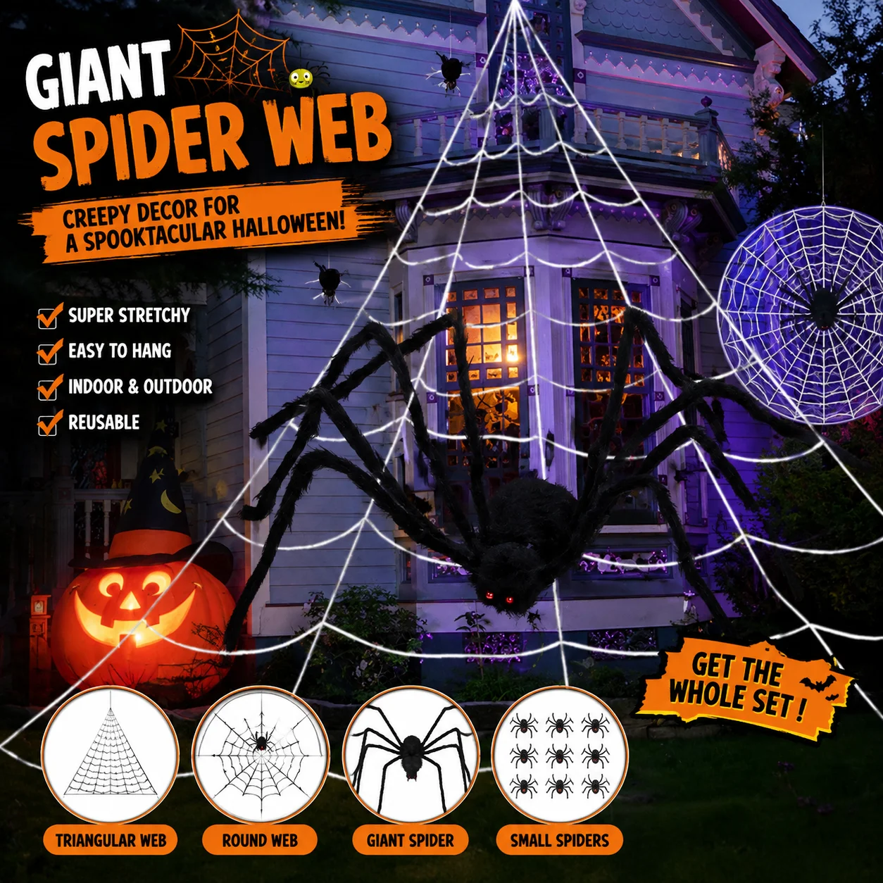 Giant Halloween Spider Web Set Large Black Fake Spider Triangular Round Spiderweb with Small Spiders for Indoor Outdoor Haunted