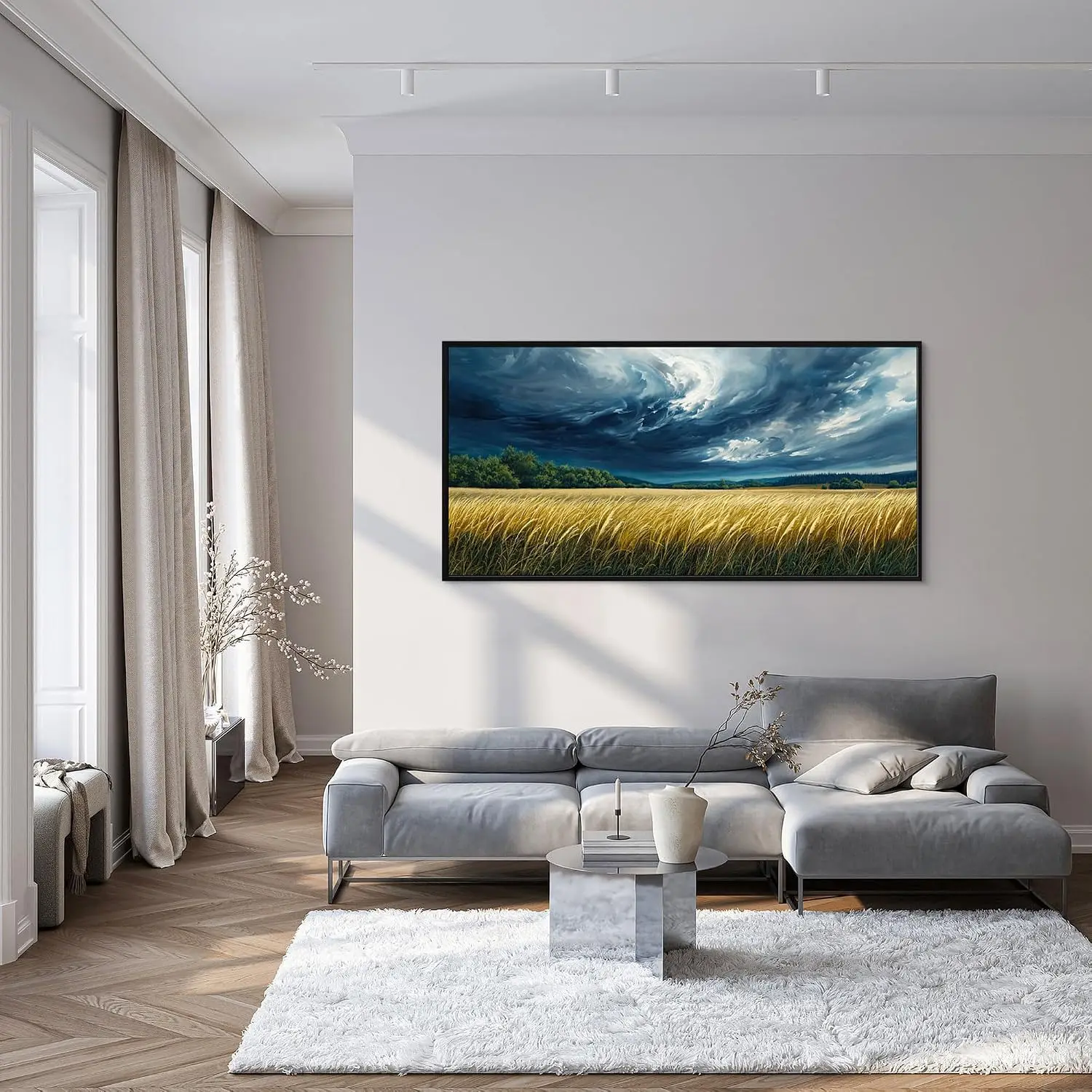 Extra Large Framed Canvas Wall Prints, Rustic Blue Forest Landscape Wall Art with Sky & Black Cloud Motifs, Indoor Wall Decor for Living Room Bedroom Office