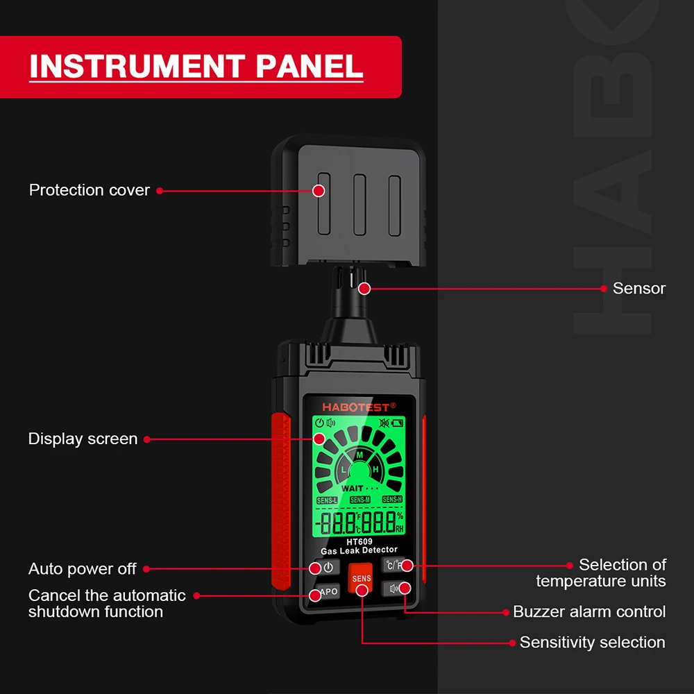 HABOTEST HT609 Gas Leak Detector with Temperature and Humidity Function Portable Combustible Gas Detector