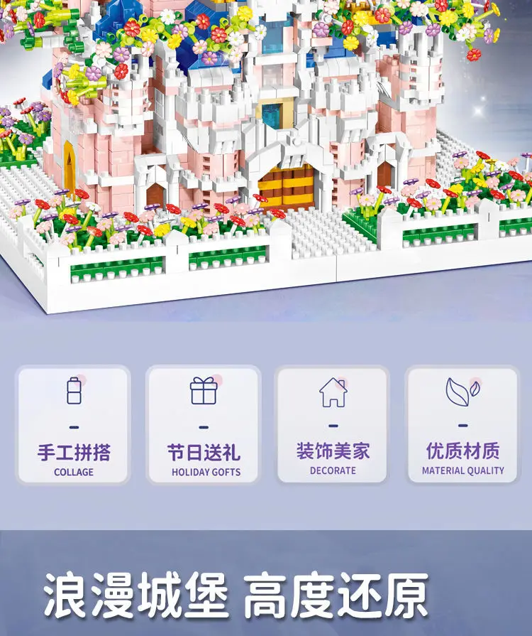 KNEW BUILT Gift Pink Castle Model Kits Toys Microblock Building Blocks for Adults Princess Kids Castles Architecture Set Bricks