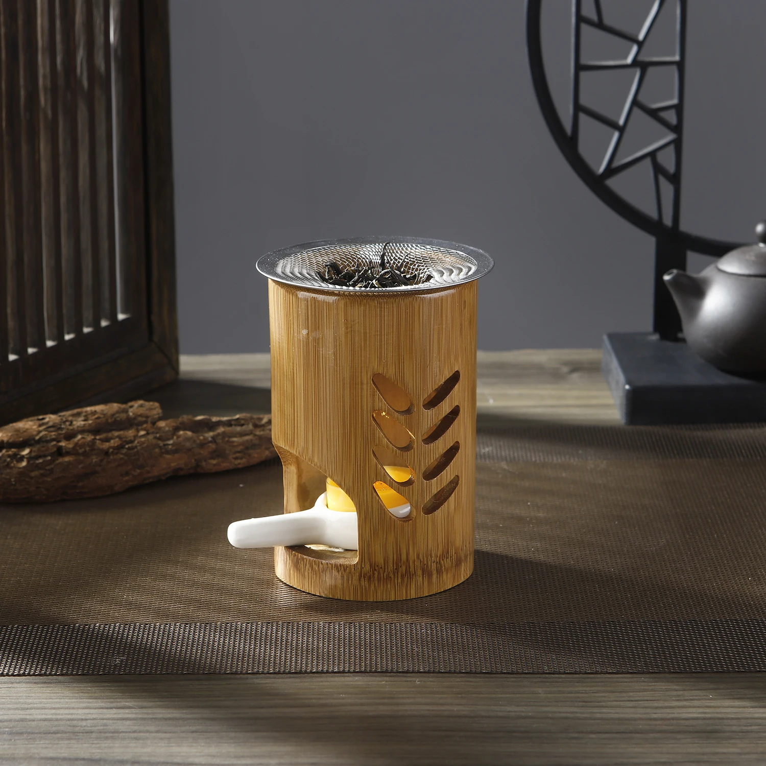 Bambus-Kerzenhalter Metall-Aromatherapie-Heizhalter für Kräuter Aromatherapie-Räuchergefäß für Yoga SPA Aromatherapie – Detail 1
