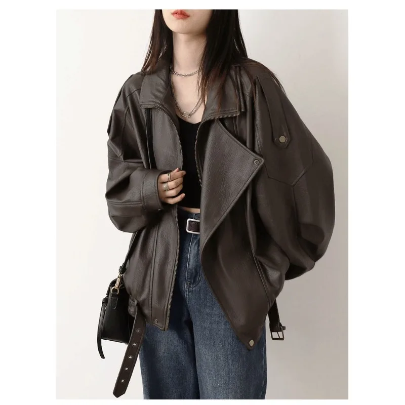 Heavyweight Retro Neutral Stand Collar Motorcycle Leather Jacket PU Coat Women's Top Quality Synthetic Leather Short Length