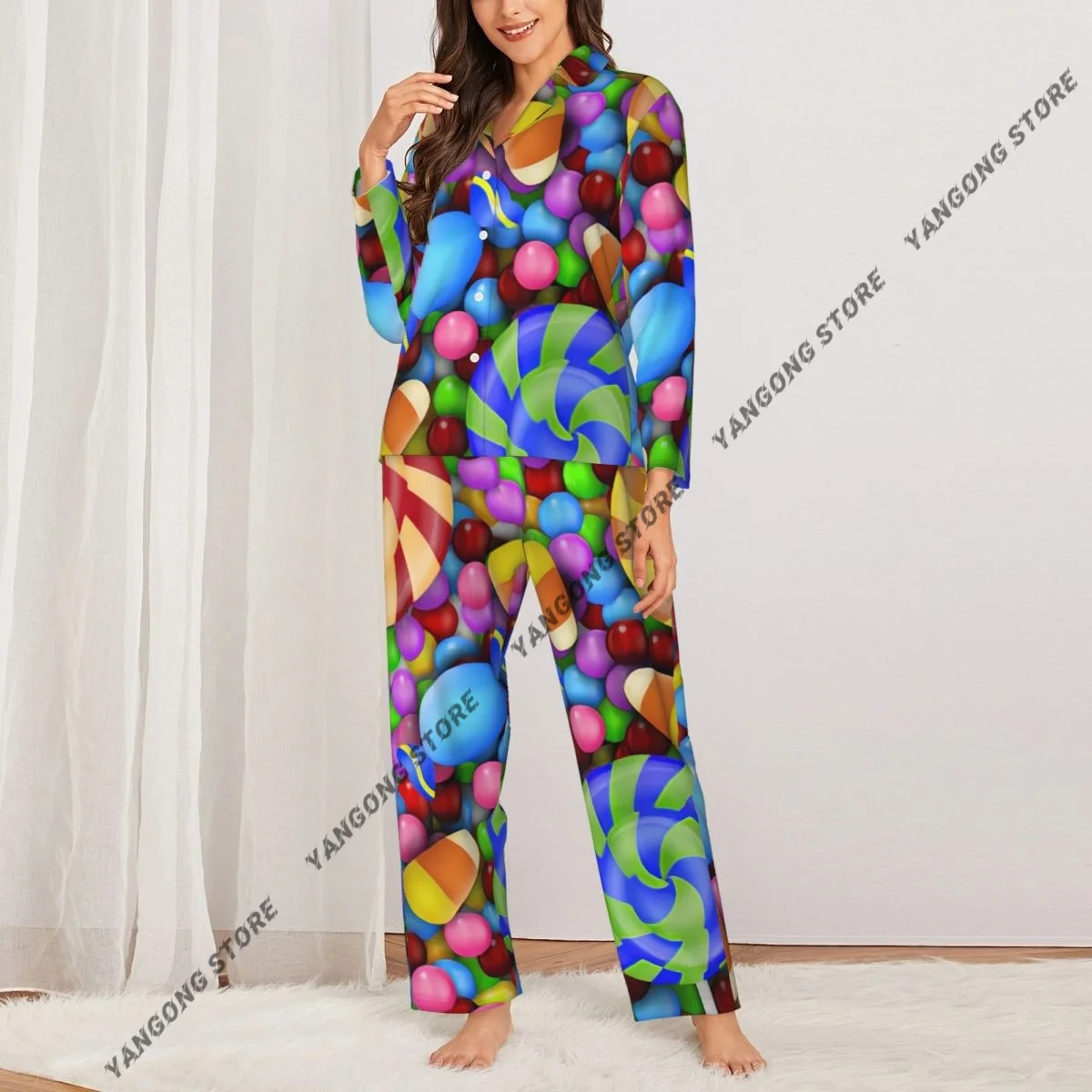 بيجامة نسائية بأكمام طويلة ملابس تنحيف للفتيات مكونة من قطعتين حلوى حلوة مع مصاصة وحلوى الذرة بيجامة لخريف وربيع