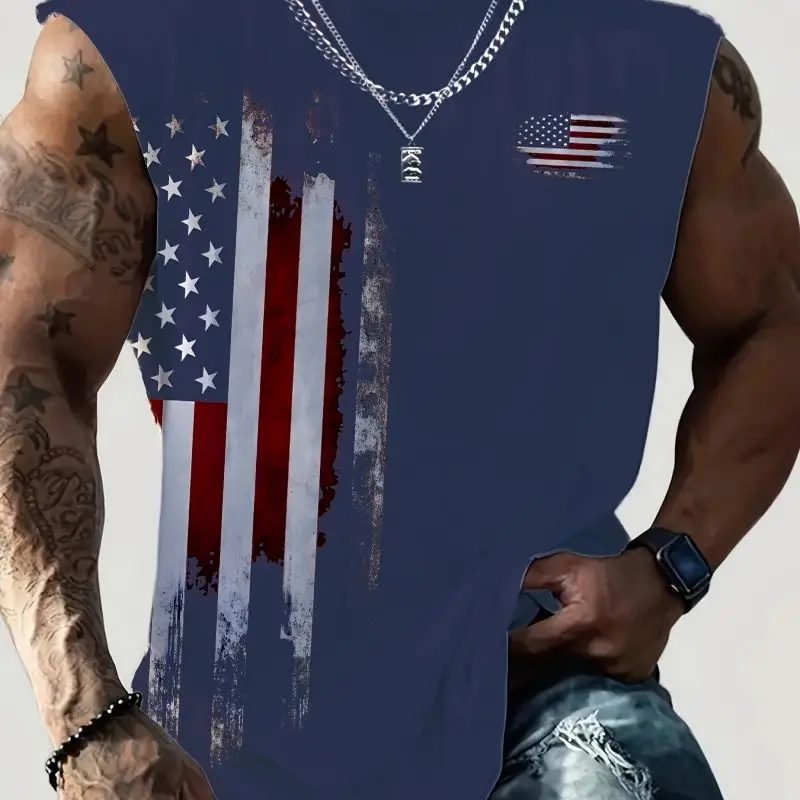 Men's sleeveless vest sports fitness personality pattern European and American  printing summer casual round neck vest flag top