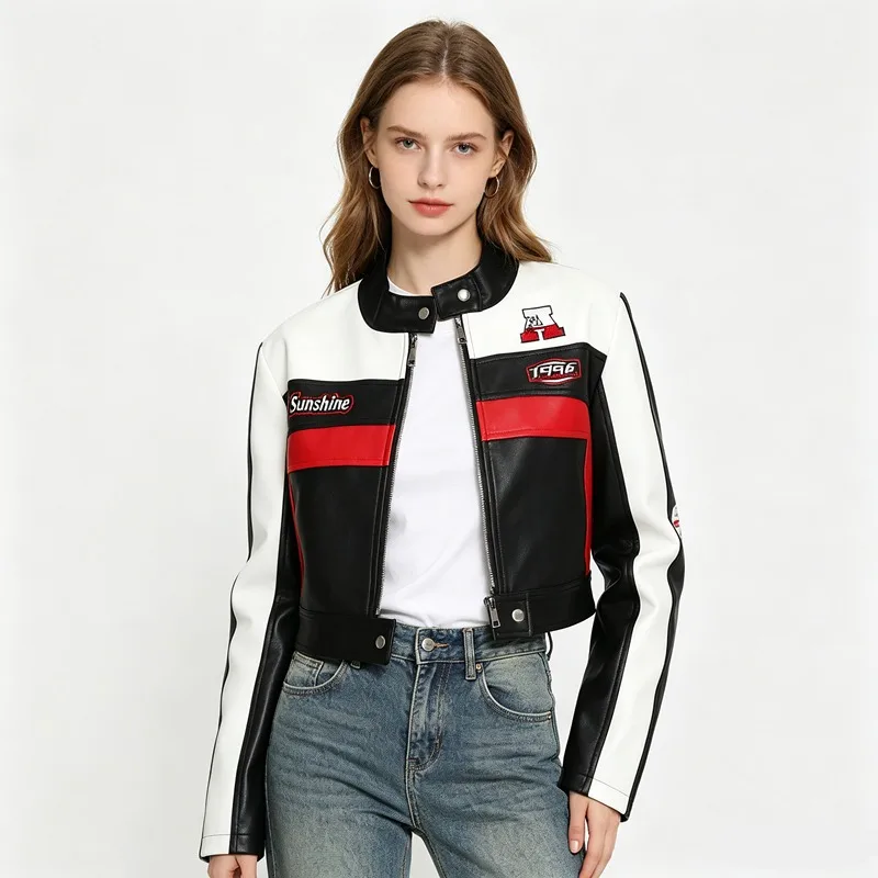 

Embroidery Short Motorcycle Jacket Women PU Faux Leather Jackets Punk Bomber Jackets Women Clothing Biker Outerwears