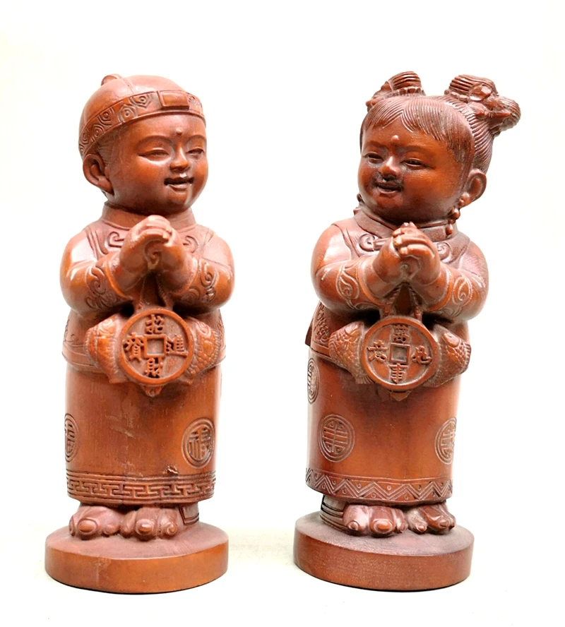 

Collection China Old a pair Boxwood Hand Carving Boy Girls Figurine Family Decoration H 6 in