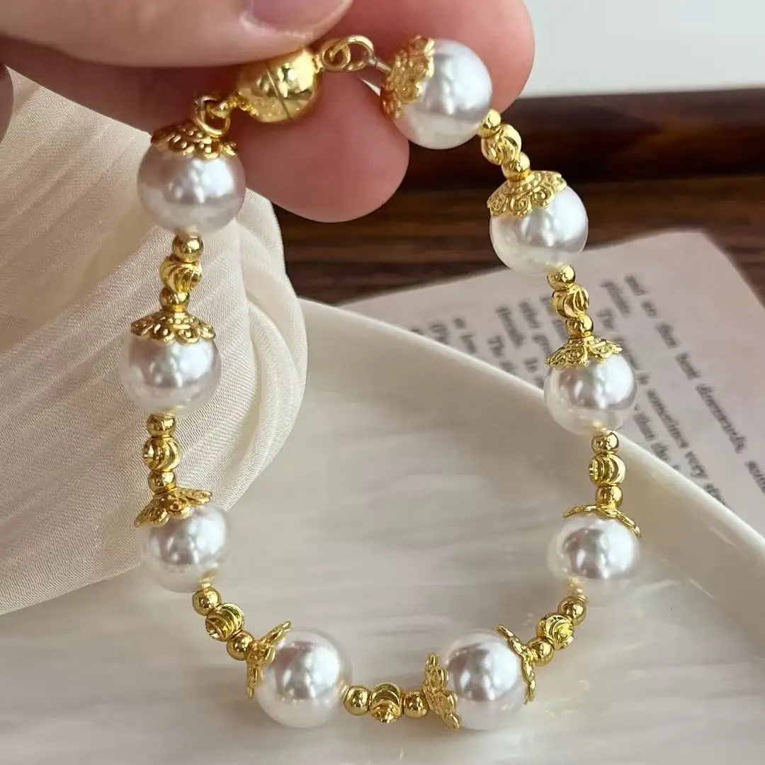 High-Luster Clear Quartz & Faux Pearl 2-Piece Set, Vintage Style Round Crystal Beaded Choker & Bracelet for Everyday Elegance