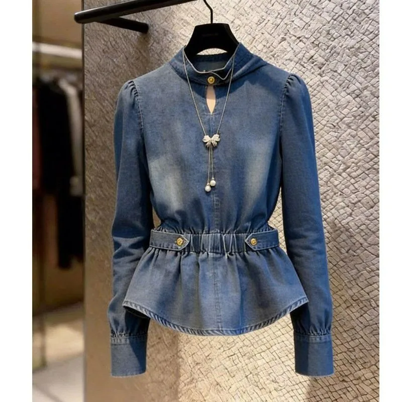 Spring and Summer New Denim Stand-up Collar Cinched Waist and Long-sleeved Top for Women's Commuting Style Simple Fashionable